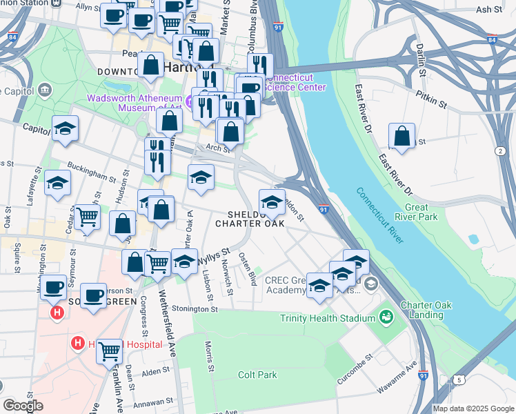 map of restaurants, bars, coffee shops, grocery stores, and more near 10 Columbus Boulevard in Hartford