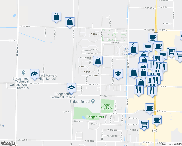 map of restaurants, bars, coffee shops, grocery stores, and more near 471 West 1490 North in Logan