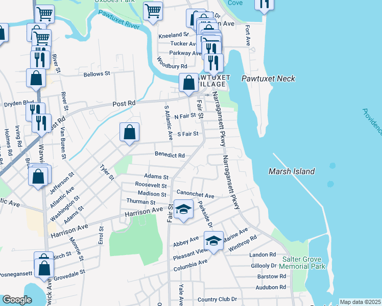 map of restaurants, bars, coffee shops, grocery stores, and more near 33 Peace Street in Warwick