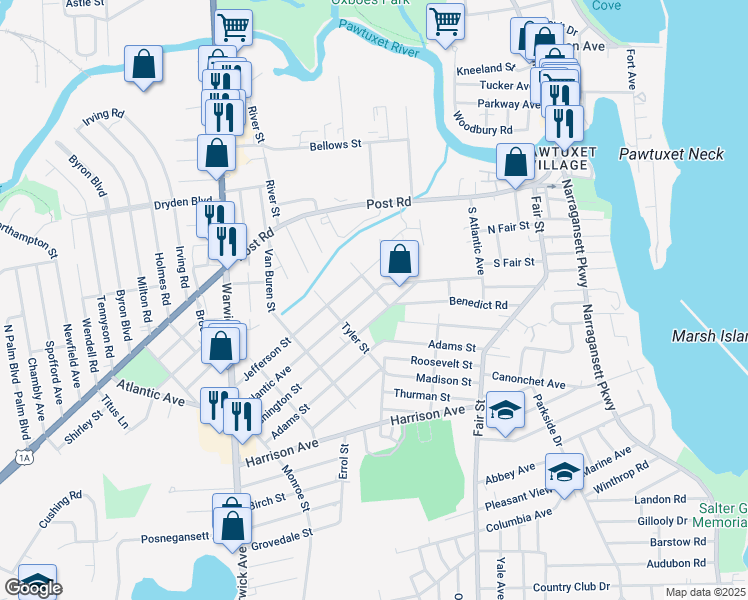 map of restaurants, bars, coffee shops, grocery stores, and more near 26 Jefferson Street in Warwick