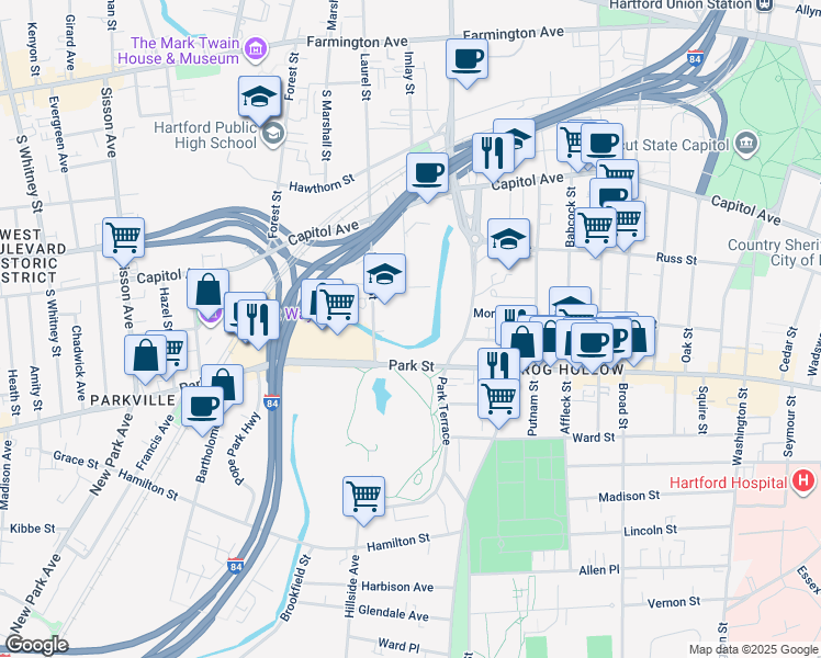 map of restaurants, bars, coffee shops, grocery stores, and more near 16 Park Place in Hartford