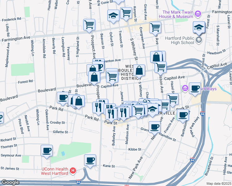 map of restaurants, bars, coffee shops, grocery stores, and more near 1065 Capitol Avenue in Hartford