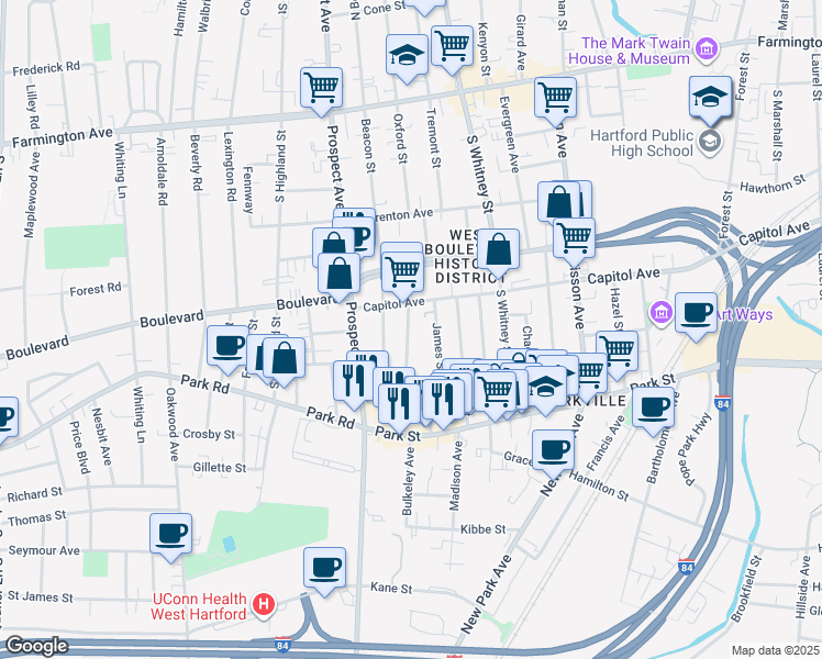 map of restaurants, bars, coffee shops, grocery stores, and more near 1065 Capitol Avenue in Hartford