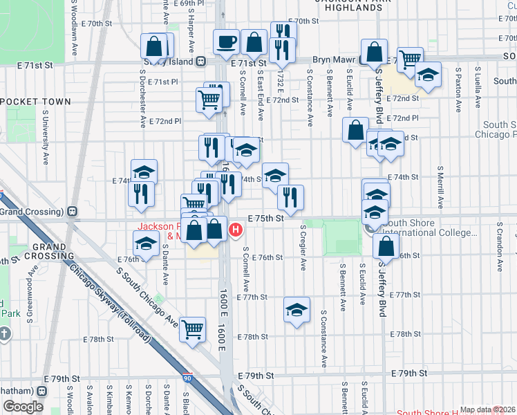 map of restaurants, bars, coffee shops, grocery stores, and more near 7415 South East End Avenue in Chicago
