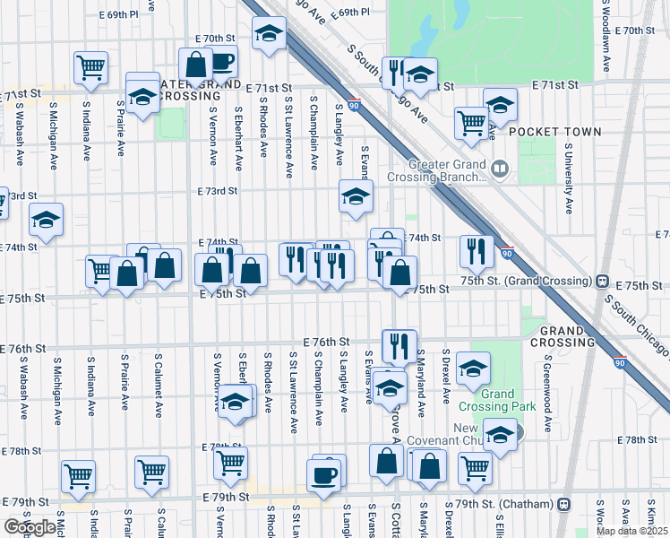 map of restaurants, bars, coffee shops, grocery stores, and more near 7409 South Langley Avenue in Chicago
