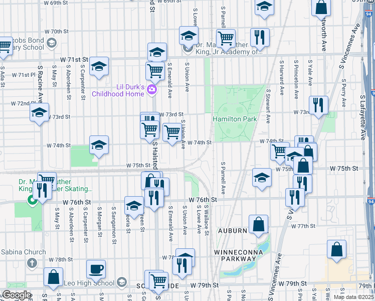 map of restaurants, bars, coffee shops, grocery stores, and more near 7358 South Union Avenue in Chicago