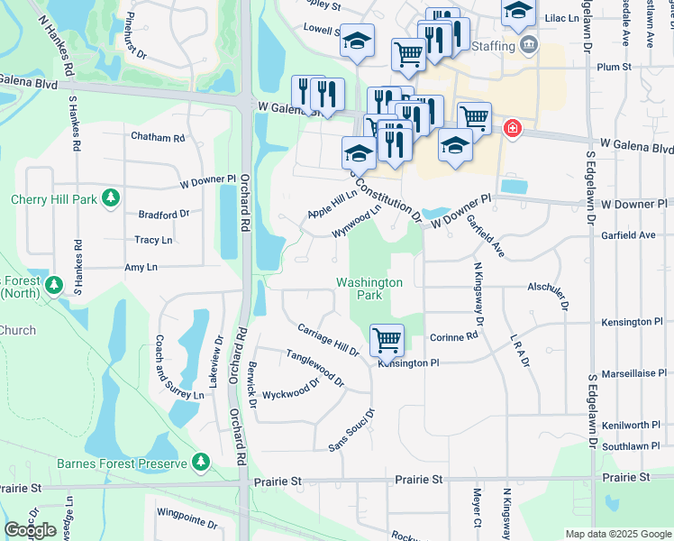 map of restaurants, bars, coffee shops, grocery stores, and more near 120 Stone Fence Court in Aurora