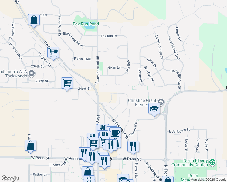 map of restaurants, bars, coffee shops, grocery stores, and more near 30 Marmot Court in North Liberty