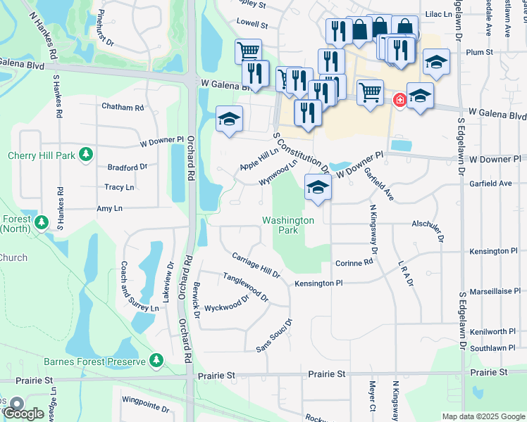 map of restaurants, bars, coffee shops, grocery stores, and more near 120 Stone Fence Court in Aurora