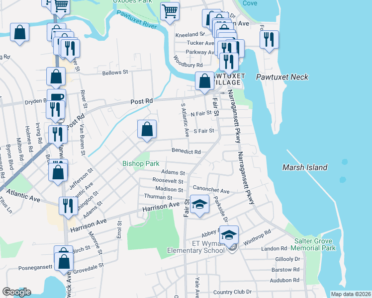 map of restaurants, bars, coffee shops, grocery stores, and more near 87 South Atlantic Avenue in Warwick