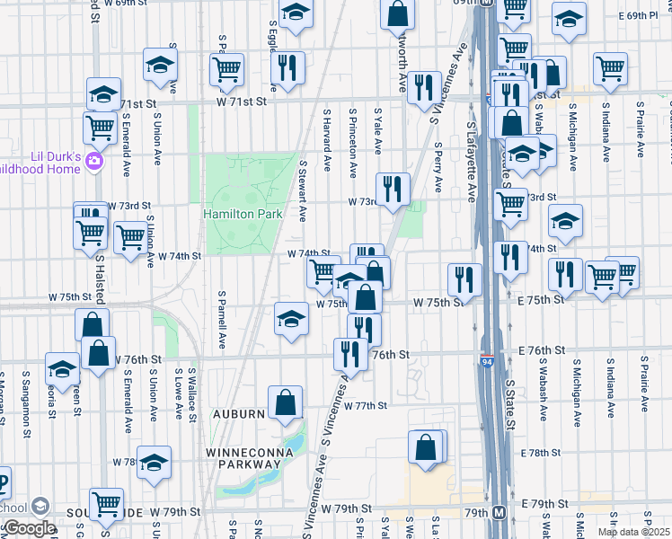 map of restaurants, bars, coffee shops, grocery stores, and more near 7419 South Harvard Avenue in Chicago