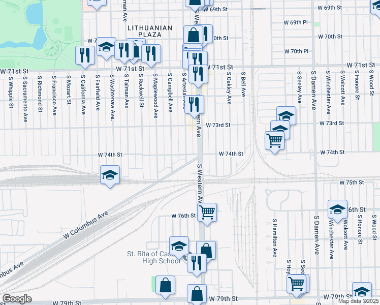 map of restaurants, bars, coffee shops, grocery stores, and more near 7333 South Artesian Avenue in Chicago