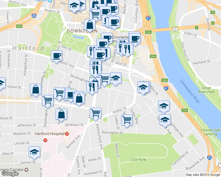 map of restaurants, bars, coffee shops, grocery stores, and more near 42 Charter Oak Avenue in Hartford