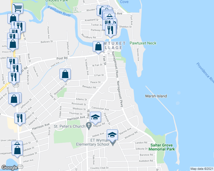 map of restaurants, bars, coffee shops, grocery stores, and more near 130 Fair Street in Warwick