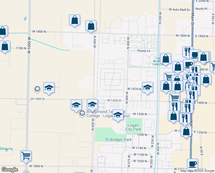 map of restaurants, bars, coffee shops, grocery stores, and more near 514 West 1490 North in Logan