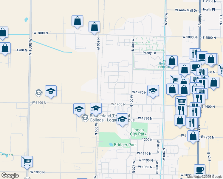 map of restaurants, bars, coffee shops, grocery stores, and more near 514 West 1490 North in Logan