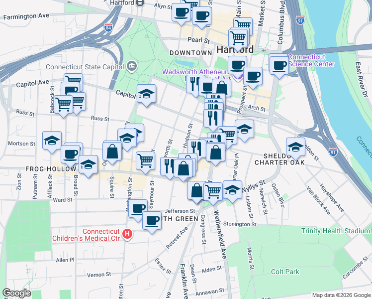 map of restaurants, bars, coffee shops, grocery stores, and more near 296 Hudson Street in Hartford