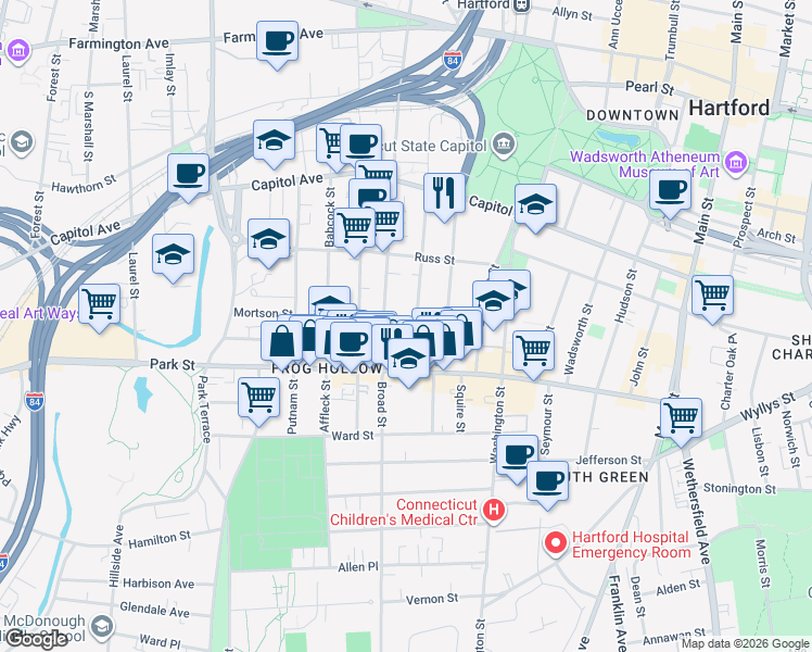 map of restaurants, bars, coffee shops, grocery stores, and more near 124 Hungerford Street in Hartford