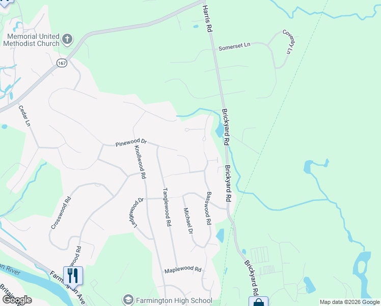 map of restaurants, bars, coffee shops, grocery stores, and more near 6 Taskers Pond Road in Farmington