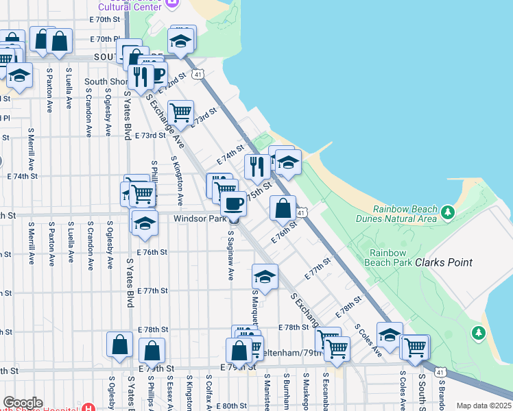 map of restaurants, bars, coffee shops, grocery stores, and more near 7514 South Coles Avenue in Chicago