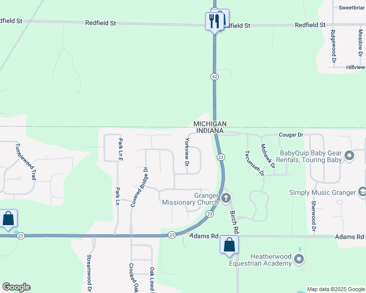 map of restaurants, bars, coffee shops, grocery stores, and more near 50549 Yorkview Drive in Granger