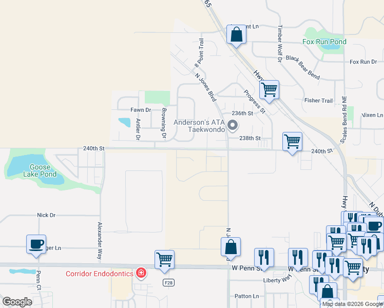 map of restaurants, bars, coffee shops, grocery stores, and more near 1320 Doe Run Drive in North Liberty
