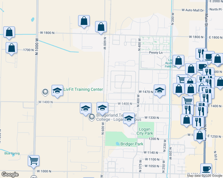 map of restaurants, bars, coffee shops, grocery stores, and more near 1492 North 565 West in Logan