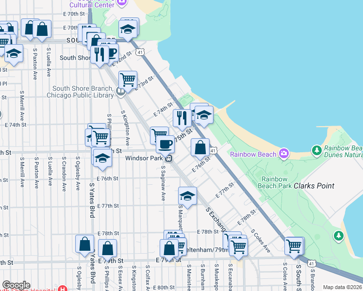 map of restaurants, bars, coffee shops, grocery stores, and more near 7512 South Coles Avenue in Chicago