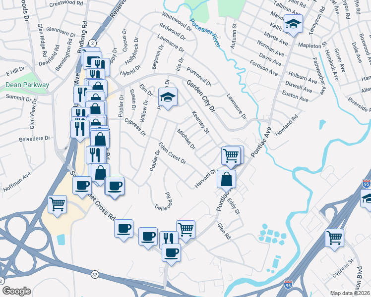 map of restaurants, bars, coffee shops, grocery stores, and more near 40 Ruskin Street in Cranston