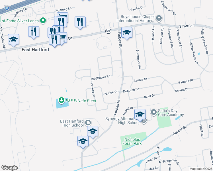 map of restaurants, bars, coffee shops, grocery stores, and more near 21 Clover Lane in East Hartford