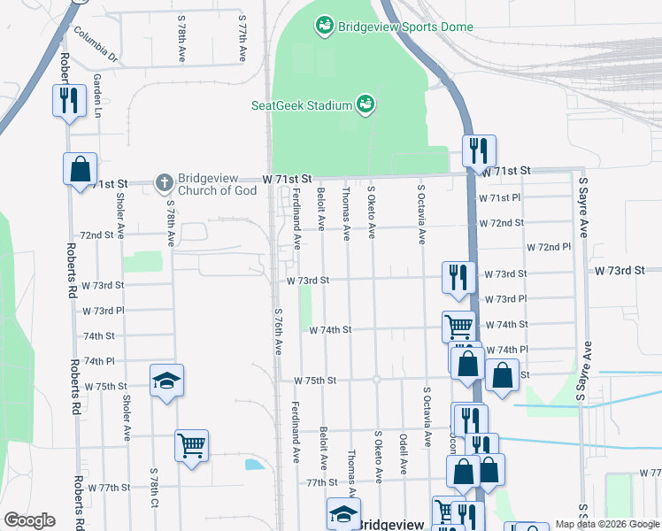 map of restaurants, bars, coffee shops, grocery stores, and more near 7225 Beloit Avenue in Bridgeview