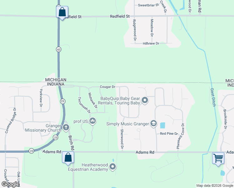 map of restaurants, bars, coffee shops, grocery stores, and more near 50541 King Richards Way in Granger