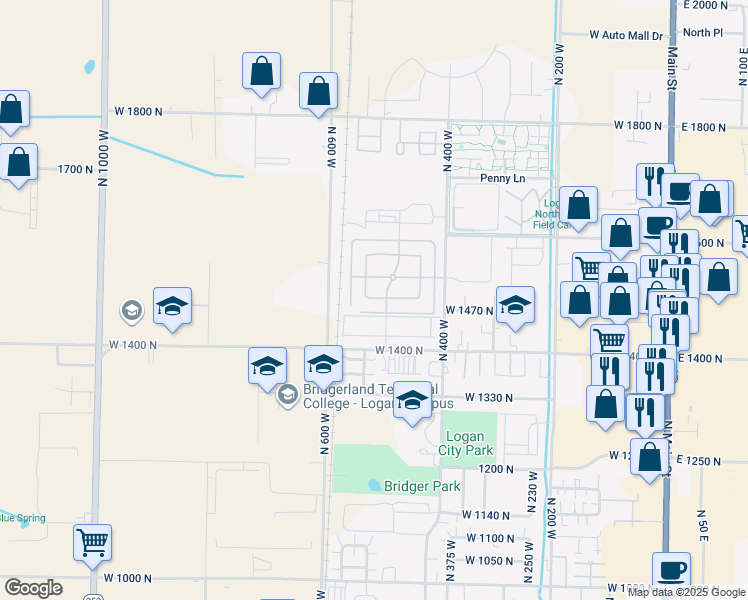 map of restaurants, bars, coffee shops, grocery stores, and more near 1492 North 565 West in Logan