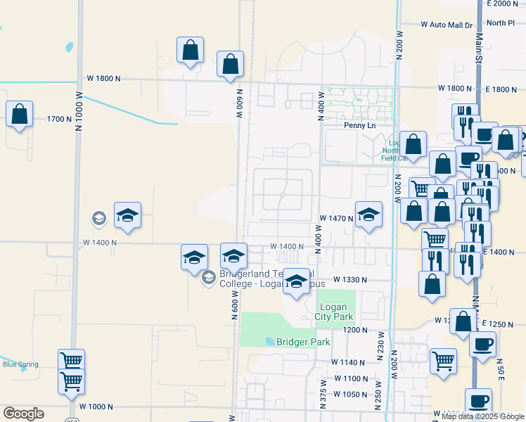 map of restaurants, bars, coffee shops, grocery stores, and more near 1492 North 565 West in Logan