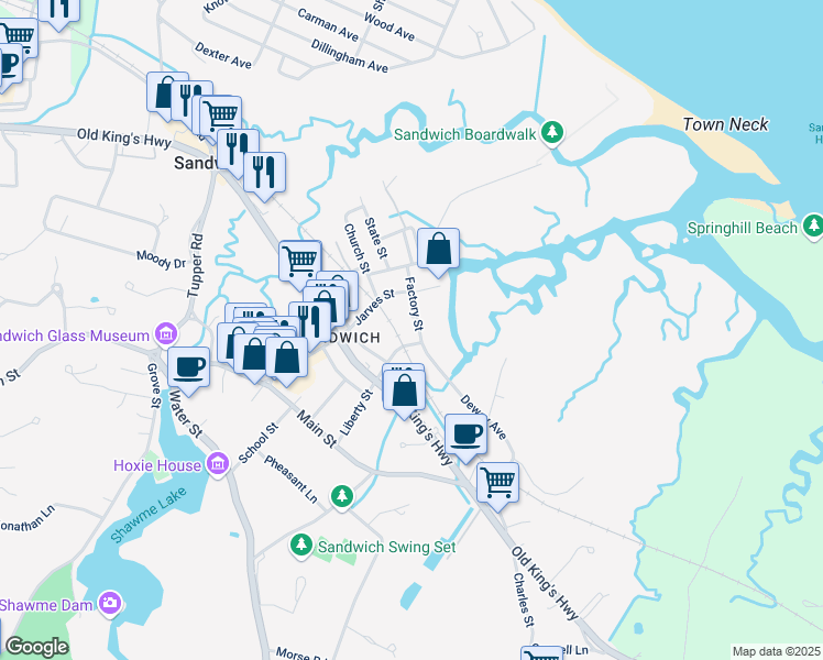 map of restaurants, bars, coffee shops, grocery stores, and more near 8 Factory Street in Sandwich