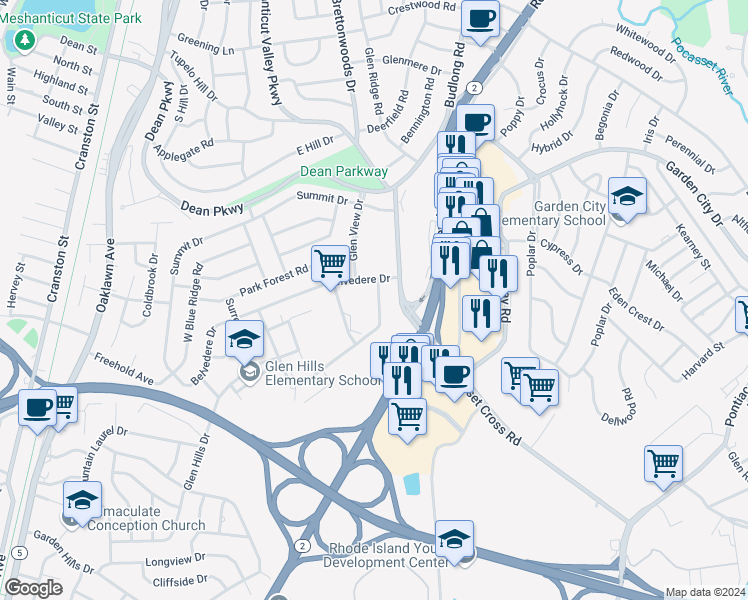 map of restaurants, bars, coffee shops, grocery stores, and more near 32 Belvedere Drive in Cranston