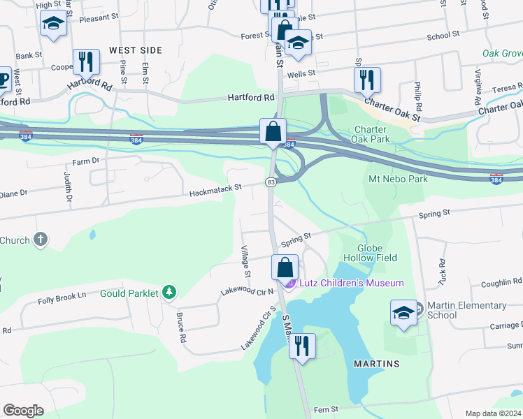map of restaurants, bars, coffee shops, grocery stores, and more near 14 1/2 Hackmatack Street in Manchester