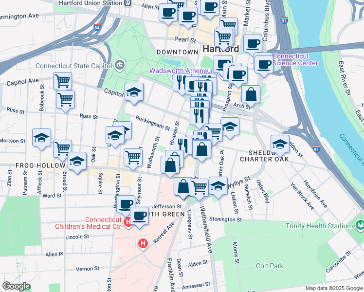 map of restaurants, bars, coffee shops, grocery stores, and more near 83 Buckingham Street in Hartford