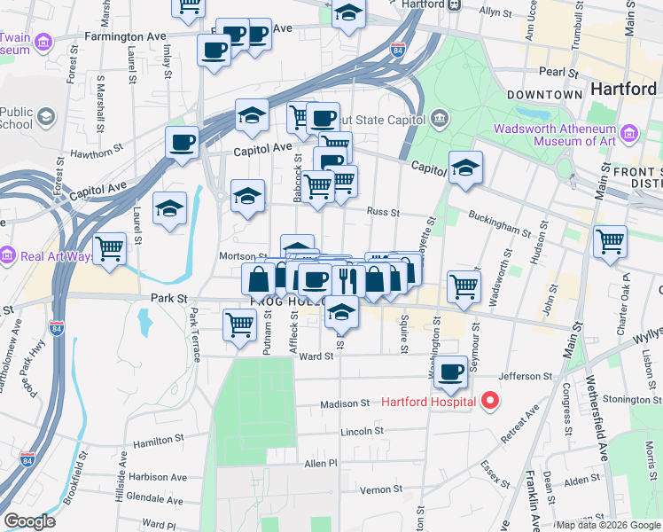 map of restaurants, bars, coffee shops, grocery stores, and more near 694 Broad Street in Hartford