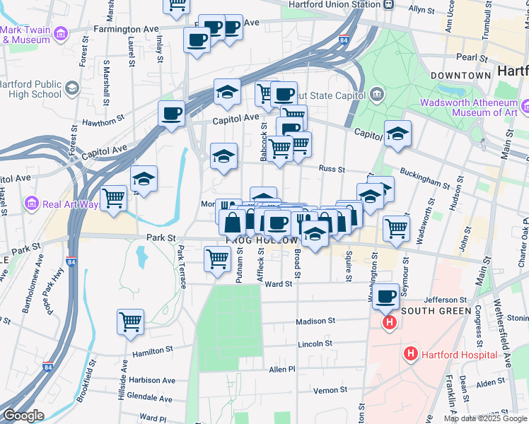map of restaurants, bars, coffee shops, grocery stores, and more near 137 Lawrence Street in Hartford