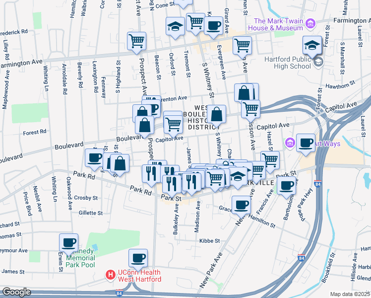 map of restaurants, bars, coffee shops, grocery stores, and more near 1065 Capitol Avenue in Hartford