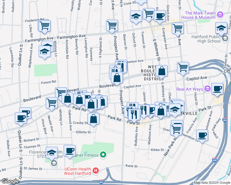 map of restaurants, bars, coffee shops, grocery stores, and more near 1037 Boulevard in West Hartford