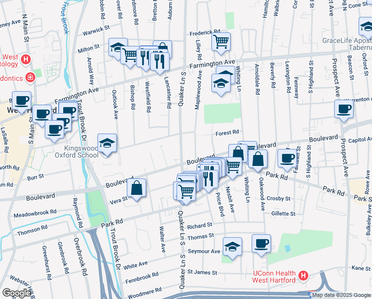 map of restaurants, bars, coffee shops, grocery stores, and more near 9 Kingswood Road in West Hartford