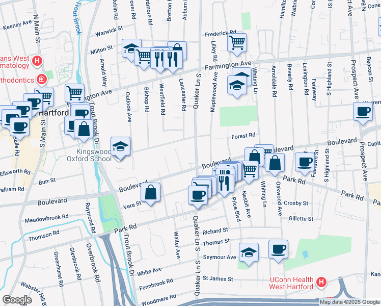 map of restaurants, bars, coffee shops, grocery stores, and more near 29 Kingswood Road in West Hartford