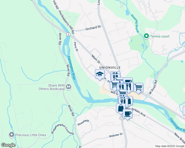 map of restaurants, bars, coffee shops, grocery stores, and more near 41 Perry Street in Farmington