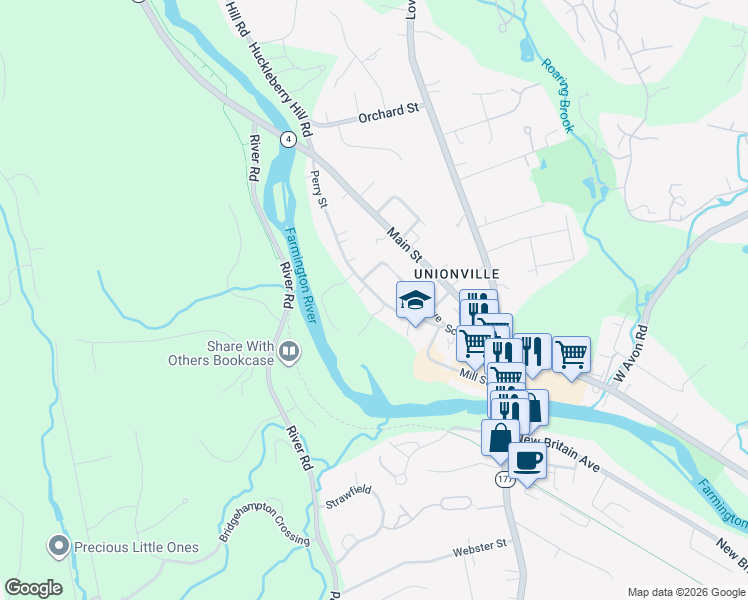 map of restaurants, bars, coffee shops, grocery stores, and more near 41 Perry Street in Farmington