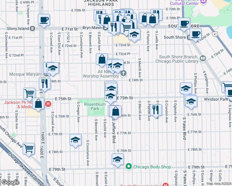 map of restaurants, bars, coffee shops, grocery stores, and more near 7421 South Jeffery Boulevard in Chicago