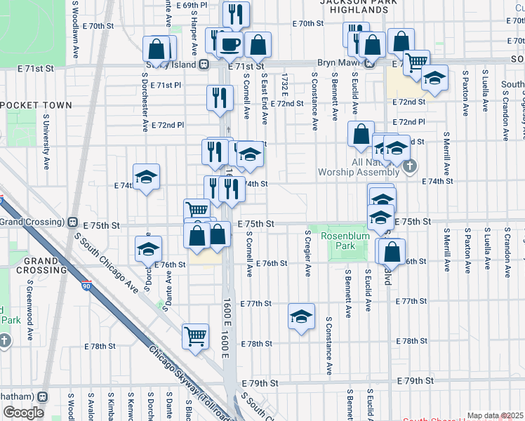 map of restaurants, bars, coffee shops, grocery stores, and more near 7415 South East End Avenue in Chicago
