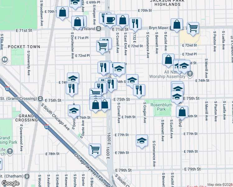 map of restaurants, bars, coffee shops, grocery stores, and more near 1616 East 74th Place in Chicago