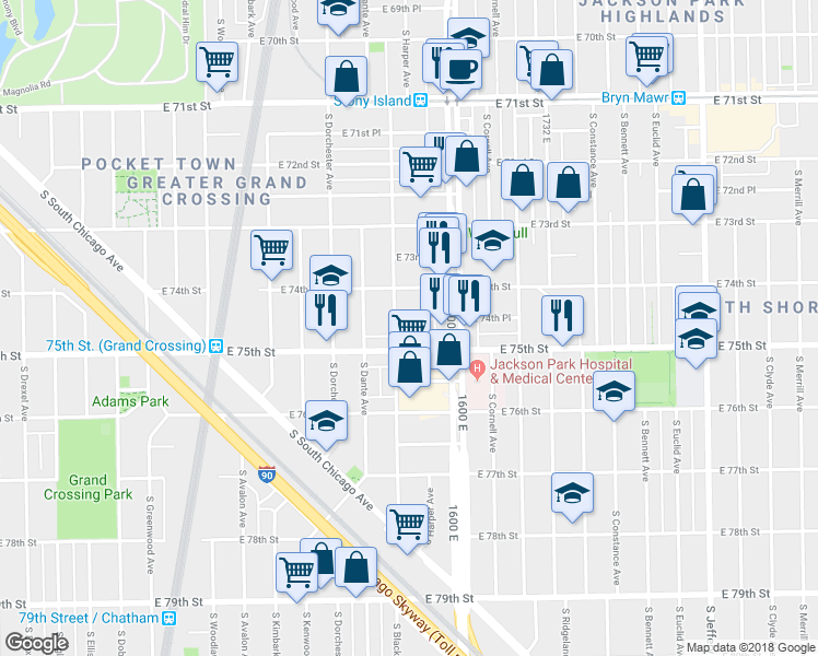 map of restaurants, bars, coffee shops, grocery stores, and more near 7419 South Blackstone Avenue in Chicago
